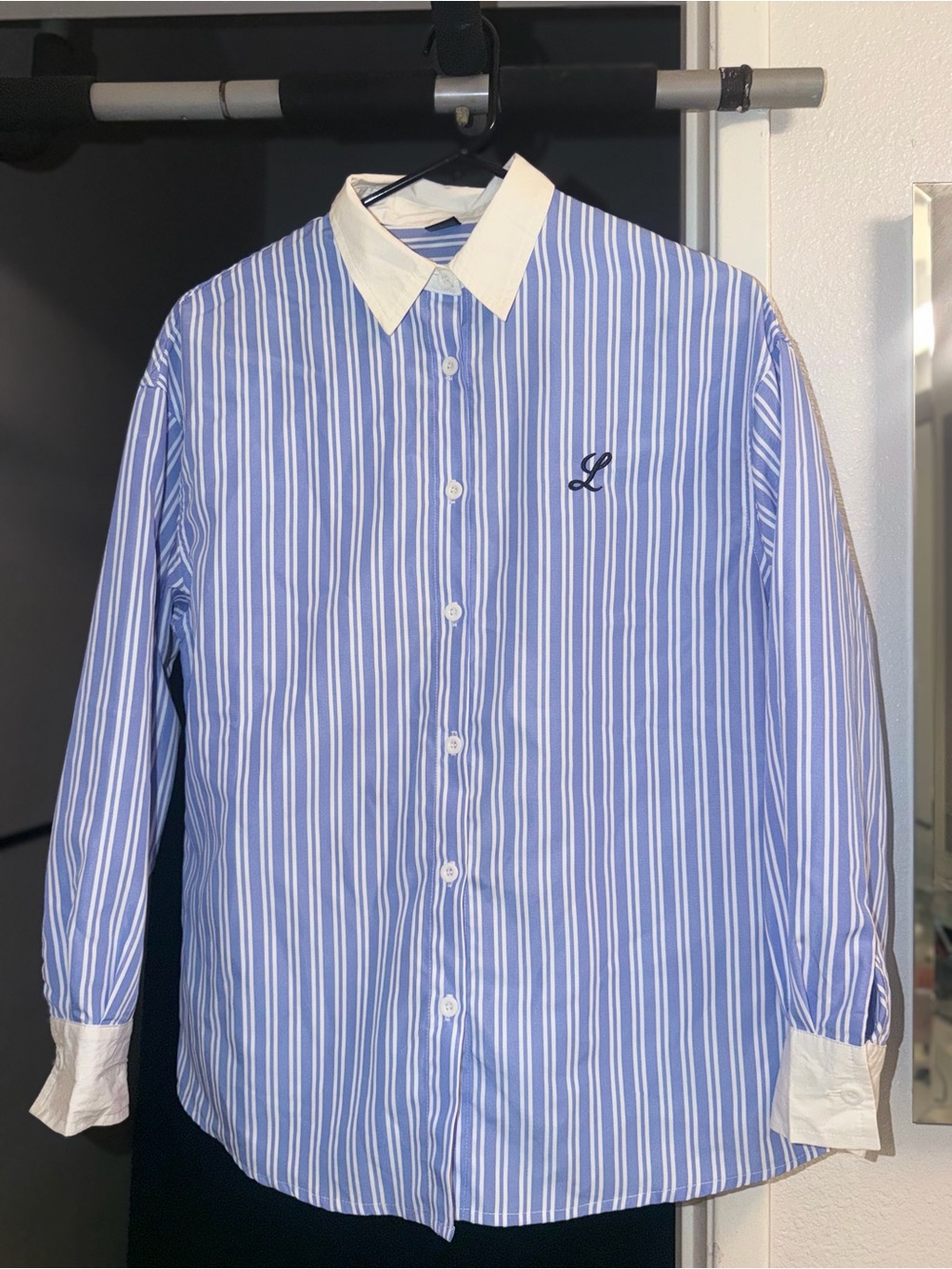 Women's Blue & White Stripe Dress Shirt with Contrast Collar
